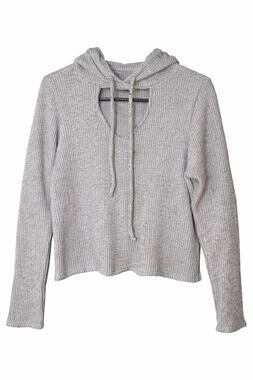 Gray Ribbed Knit Cozy Casual Cropped Hoodie Size Small With Chest Cutout